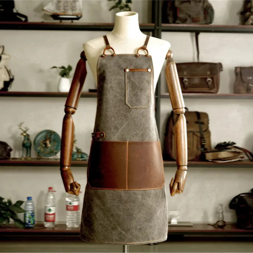 JMT-323210 Vintage Handmade Canvas Apron for Kitchen and Cafe Work, Unisex Leather Trim