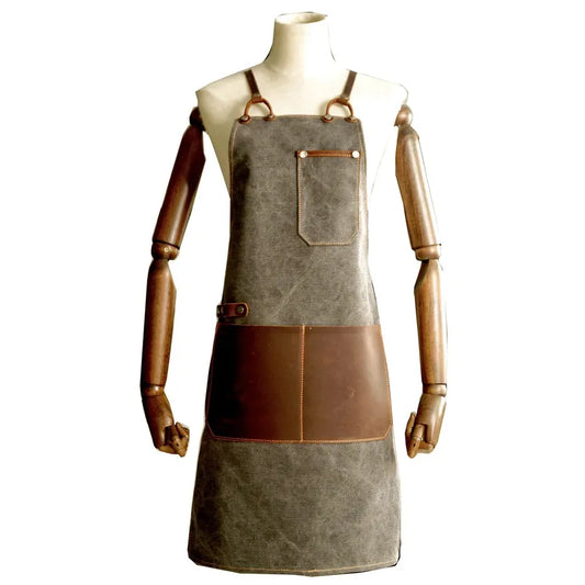 JMT-323210 Vintage Handmade Canvas Apron for Kitchen and Cafe Work, Unisex Leather Trim