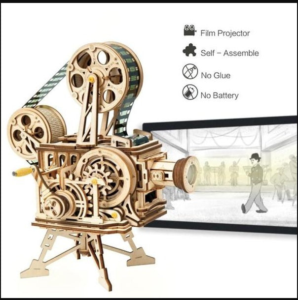 JMT-323338 Hand-Cranked Wooden Film Projector - Mechanical 3D Puzzle for Ages 15 and Up