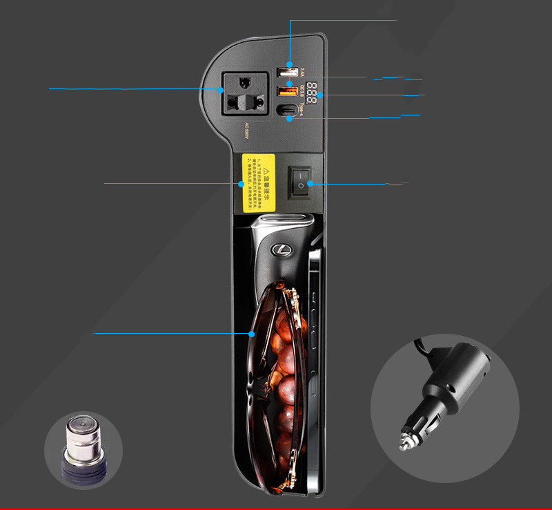 JMT-323658 12V to 220V Car Power Inverter with Multi-Function Charger and Gap Storage Box