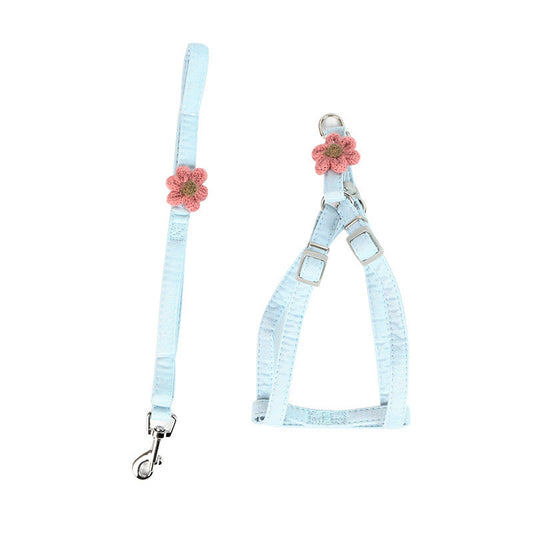 JMT-325962 Stylish Pink and Blue Dog Flower Traction Rope with Chest and Back Support