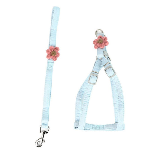 JMT-325962 Stylish Pink and Blue Dog Flower Traction Rope with Chest and Back Support