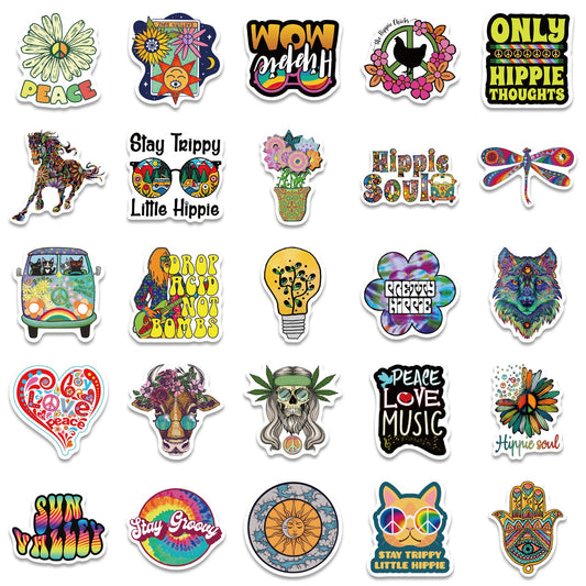 JMT-326090 Colorful Cartoon Hippie Stickers Set - 50 Personalized Self-Adhesive Decorations for Smooth Surfaces