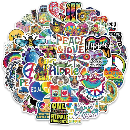 JMT-326090 Colorful Cartoon Hippie Stickers Set - 50 Personalized Self-Adhesive Decorations for Smooth Surfaces