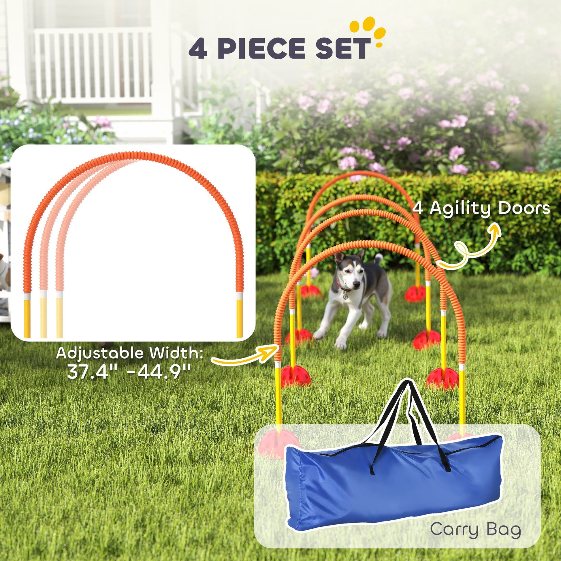 JMT-326602 4-Piece Adjustable Width Dog Agility Equipment Set with Carry Bag - Portable Training Course in Orange and Yellow