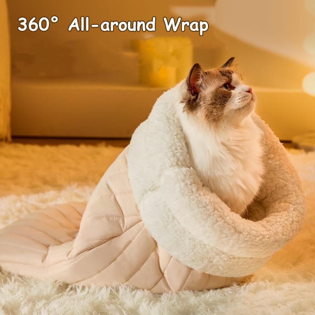 JMT-328074 Cozy Plush Cat Sleeping Bag for Indoor Cats - Soft Self-Warming Cat Bed with Spacious Design and Calming Hideaway for Small Pets