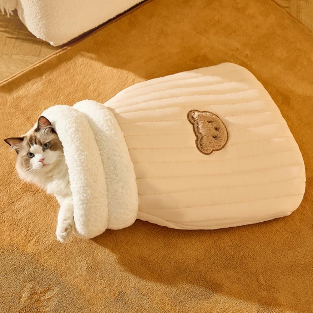 JMT-328074 Cozy Plush Cat Sleeping Bag for Indoor Cats - Soft Self-Warming Cat Bed with Spacious Design and Calming Hideaway for Small Pets
