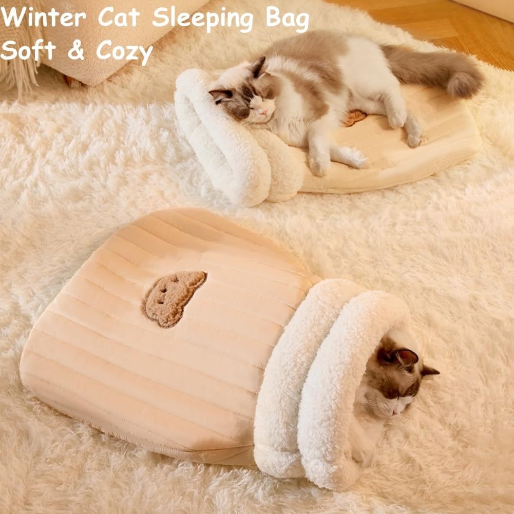 JMT-328074 Cozy Plush Cat Sleeping Bag for Indoor Cats - Soft Self-Warming Cat Bed with Spacious Design and Calming Hideaway for Small Pets