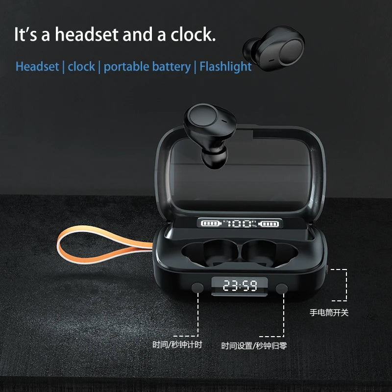 JMT-329098 Wireless Bluetooth 5.1 Earbuds with Touch Control, IPX7 Waterproof, and Built-in Flashlight Clock