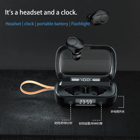 JMT-329098 Wireless Bluetooth 5.1 Earbuds with Touch Control, IPX7 Waterproof, and Built-in Flashlight Clock