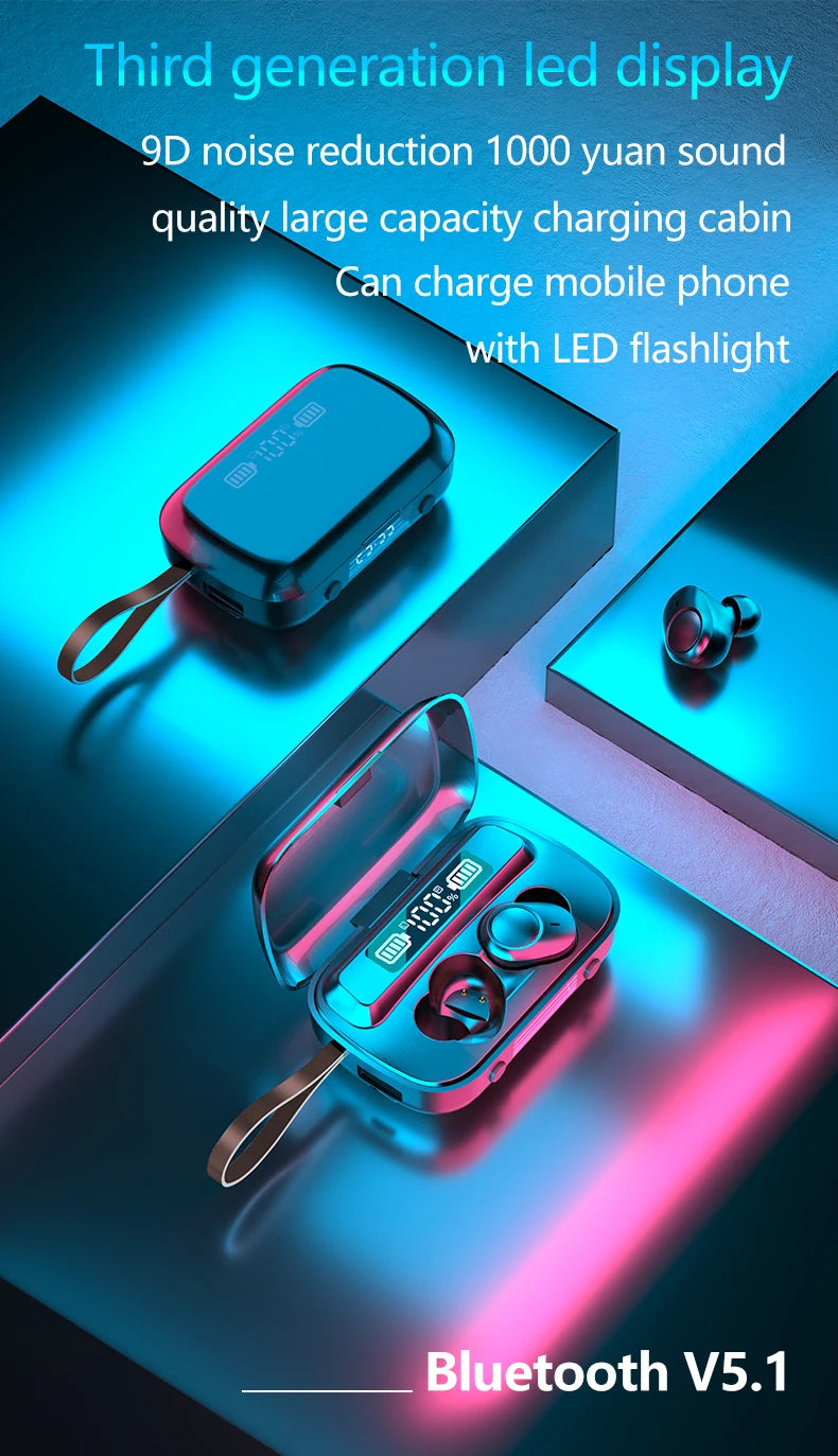 JMT-329098 Wireless Bluetooth 5.1 Earbuds with Touch Control, IPX7 Waterproof, and Built-in Flashlight Clock