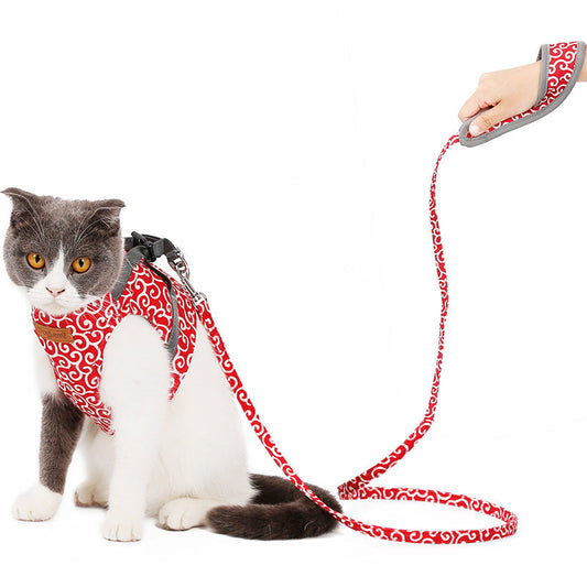 JMT-329546 Cat Vest Harness with Traction Rope – Breathable Polyester Canvas & Mesh, Adjustable Sizes in Red, Blue, and Green