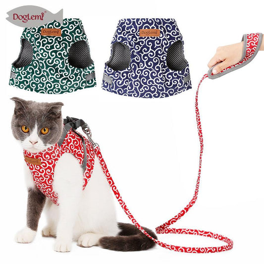 JMT-329546 Cat Vest Harness with Traction Rope – Breathable Polyester Canvas & Mesh, Adjustable Sizes in Red, Blue, and Green