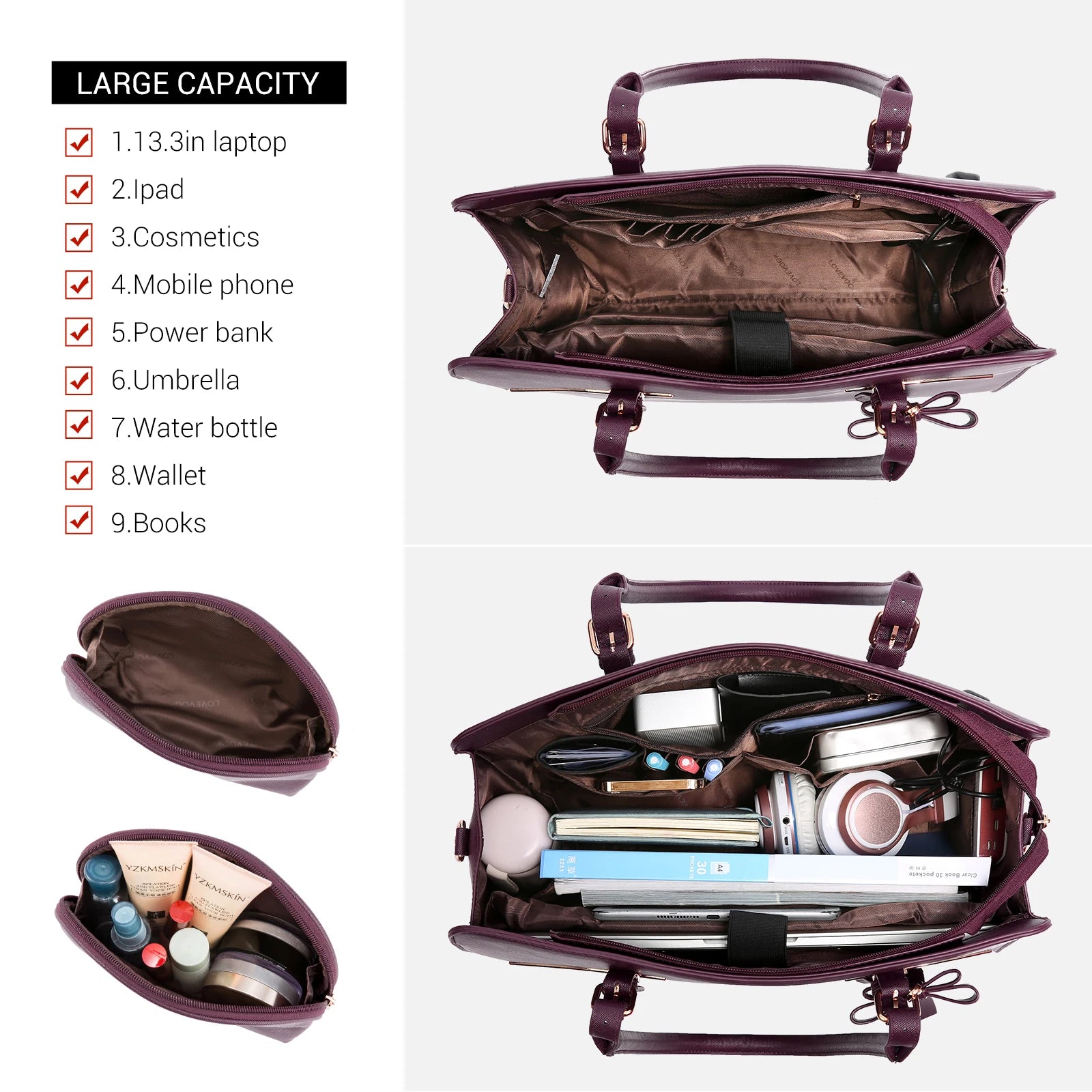 JMT-329738 Stylish PU Leather Waterproof Briefcase Tote Bag with Multi-Compartment Design and USB Port
