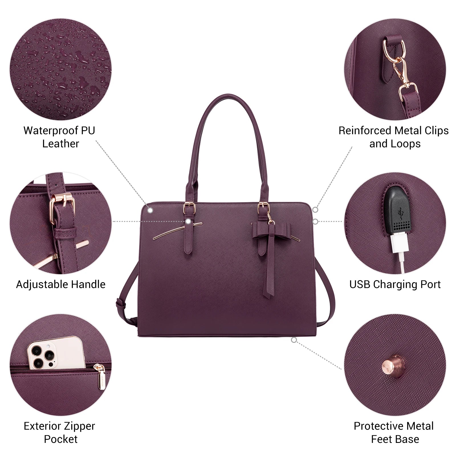 JMT-329738 Stylish PU Leather Waterproof Briefcase Tote Bag with Multi-Compartment Design and USB Port