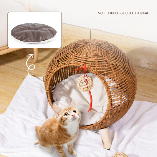 JMT-330378 Rattan Woven Round Cat Bed with Climbing Frame and Warm Litter Villa for Pets up to 7.5 kg