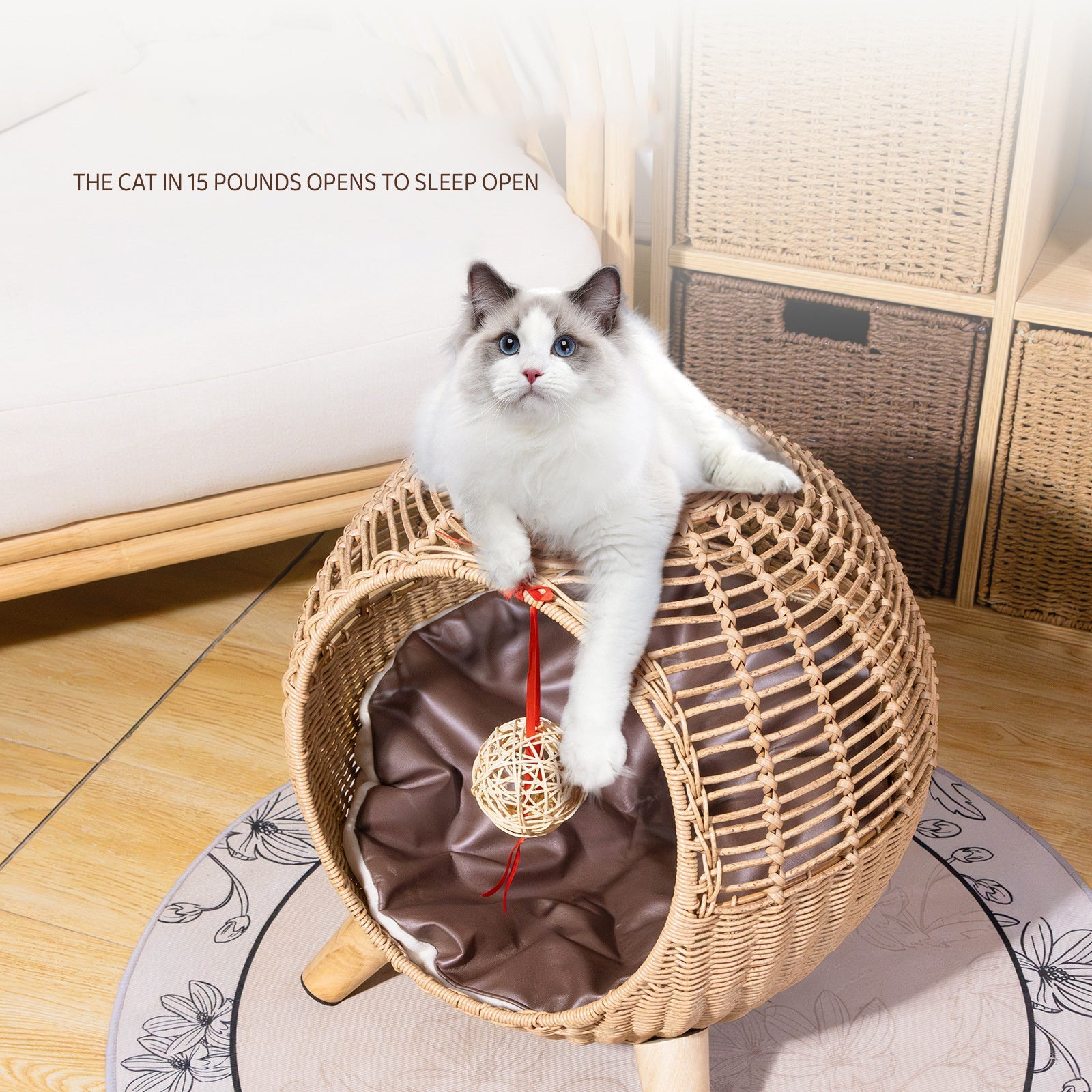 JMT-330378 Rattan Woven Round Cat Bed with Climbing Frame and Warm Litter Villa for Pets up to 7.5 kg