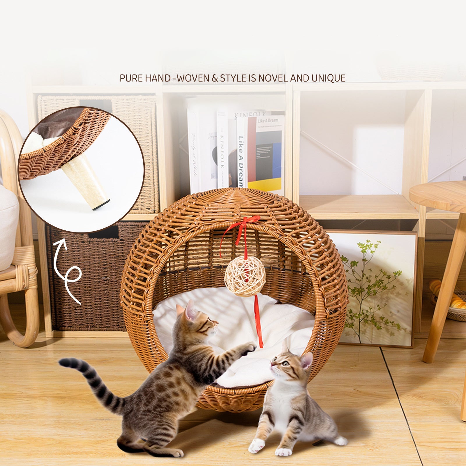 JMT-330378 Rattan Woven Round Cat Bed with Climbing Frame and Warm Litter Villa for Pets up to 7.5 kg