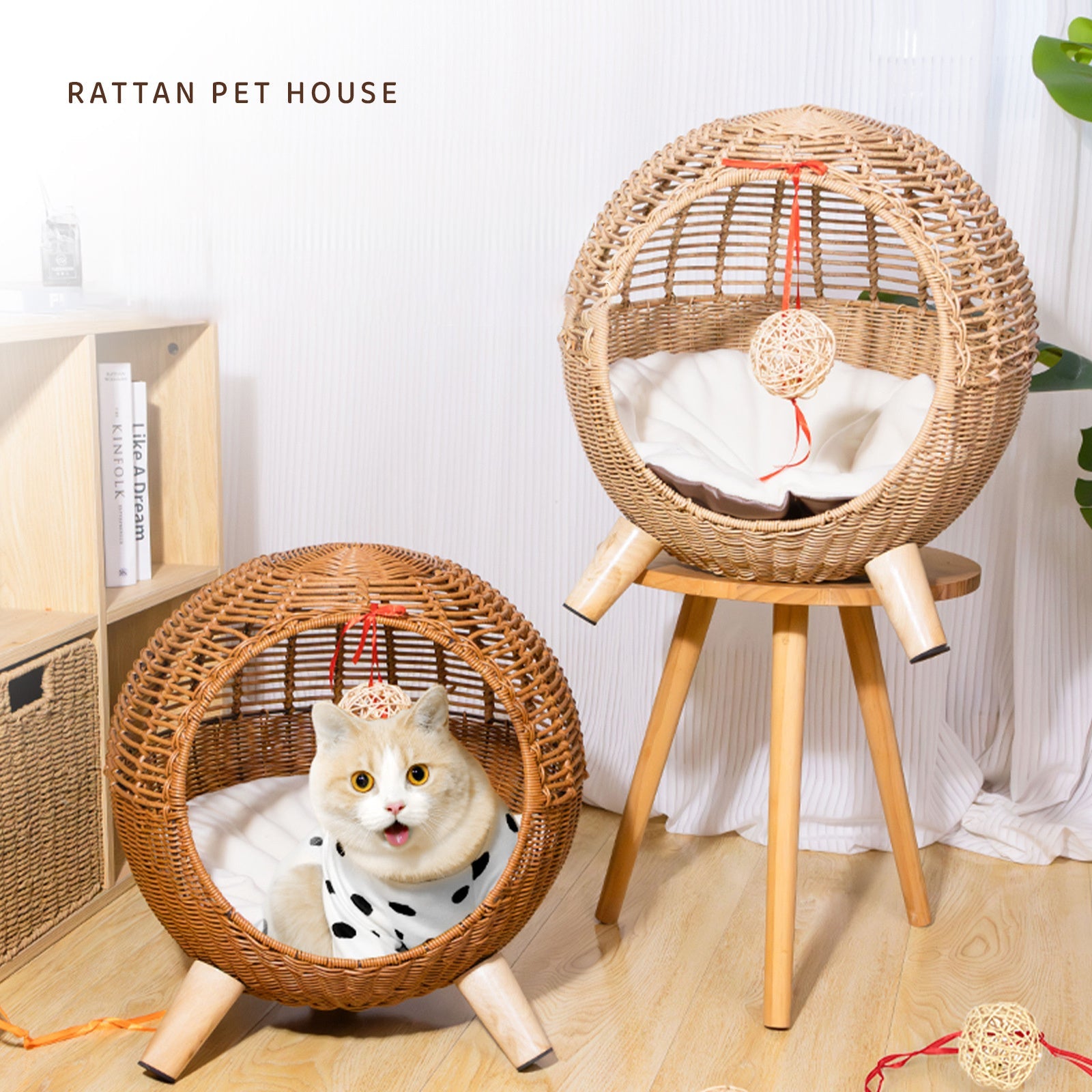 JMT-330378 Rattan Woven Round Cat Bed with Climbing Frame and Warm Litter Villa for Pets up to 7.5 kg