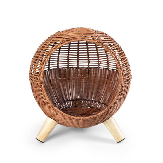 JMT-330378 Rattan Woven Round Cat Bed with Climbing Frame and Warm Litter Villa for Pets up to 7.5 kg