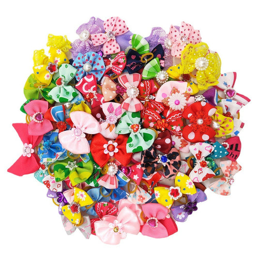 JMT-332042 Pet Bow Head Flower Rubber Band Accessories - Assorted Colors, 50pcs Set