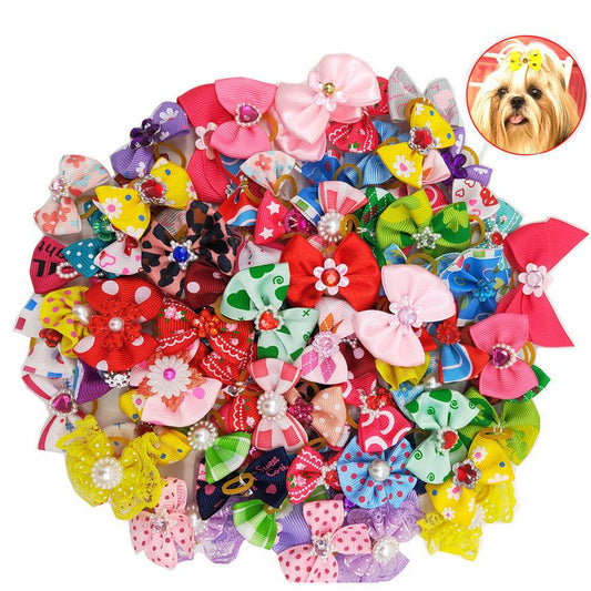 JMT-332042 Pet Bow Head Flower Rubber Band Accessories - Assorted Colors, 50pcs Set