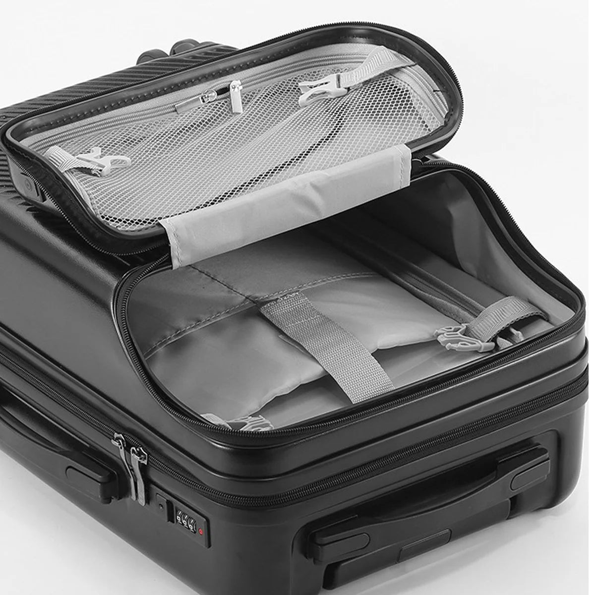 JMT-332106 Front Opening Trolley Suitcase with USB Charging Port for Travel Convenience