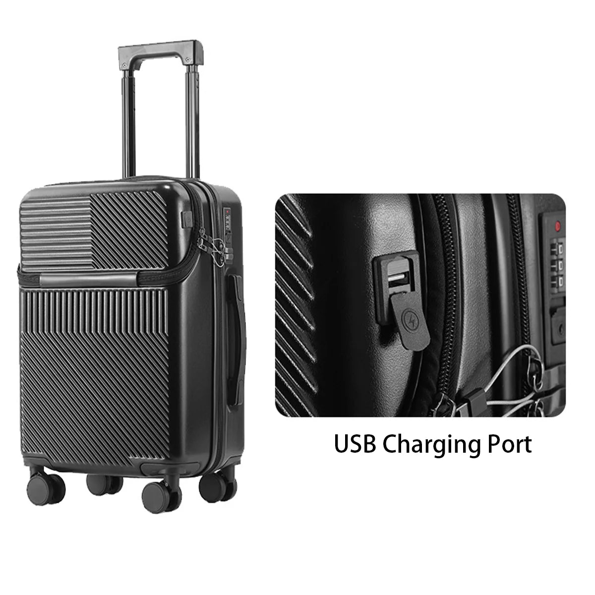JMT-332106 Front Opening Trolley Suitcase with USB Charging Port for Travel Convenience