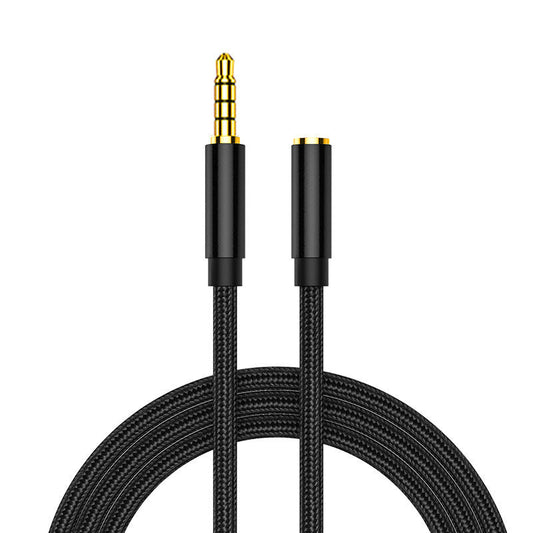 JMT-332554 Nylon Audio Extension Cable for Mobile Phones, Earphones, and Microphones - Available in 1m, 1.5m, 2m Lengths - Black and Silver Gray