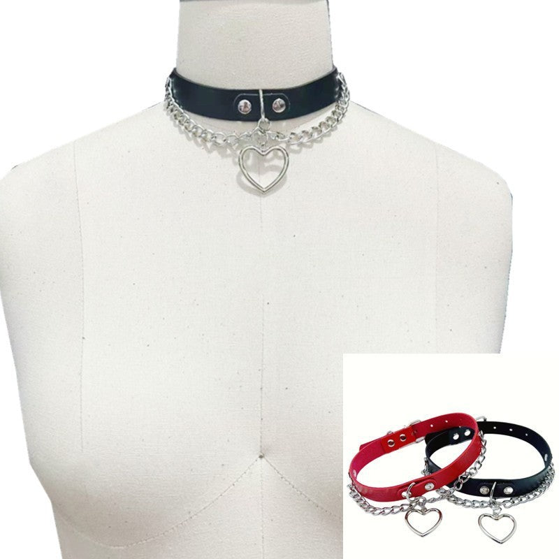 JMT-334026 Heart-Shaped Leather Chain Collar Necklace in Black, Pink, and Red