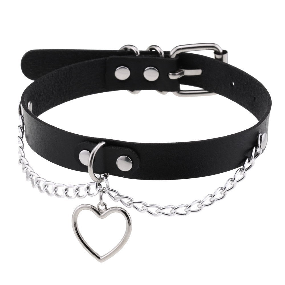 JMT-334026 Heart-Shaped Leather Chain Collar Necklace in Black, Pink, and Red