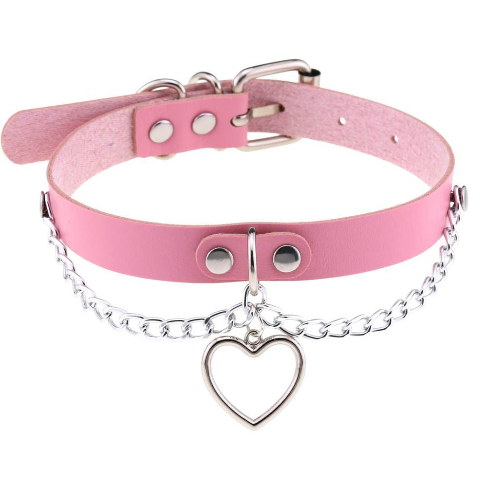 JMT-334026 Heart-Shaped Leather Chain Collar Necklace in Black, Pink, and Red