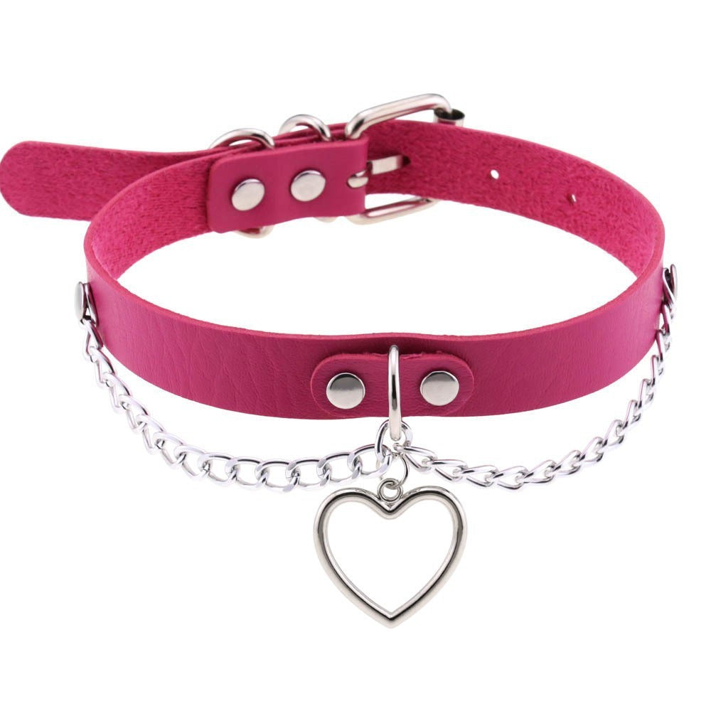 JMT-334026 Heart-Shaped Leather Chain Collar Necklace in Black, Pink, and Red