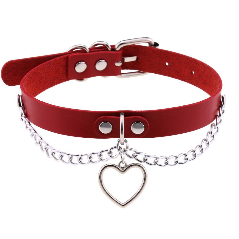 JMT-334026 Heart-Shaped Leather Chain Collar Necklace in Black, Pink, and Red