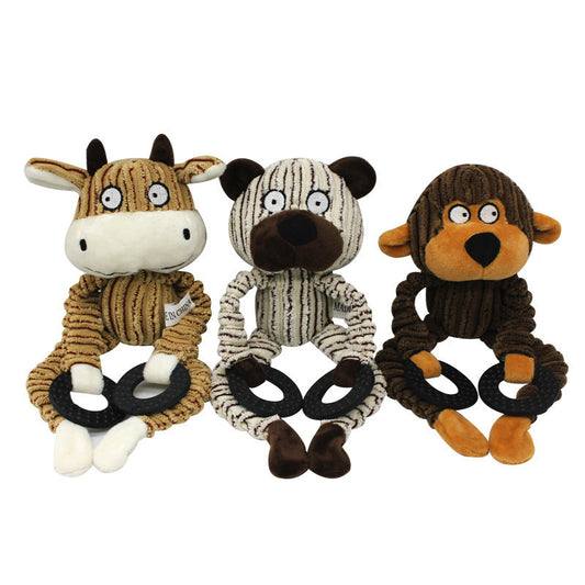 JMT-334346 Corduroy Pet Sounding Plush Toy with Three-Color Rubber Ring for Healthy Teeth