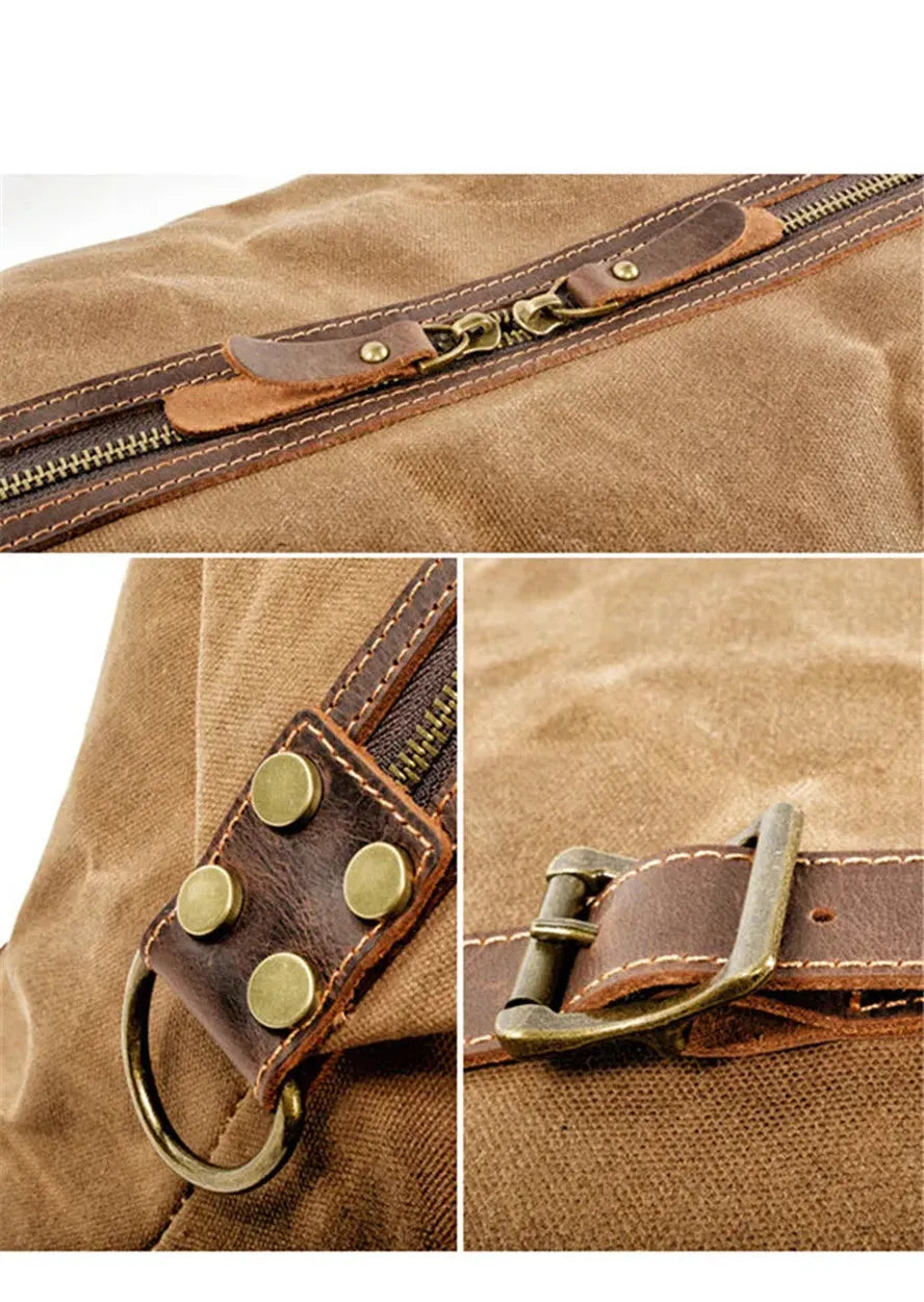 JMT-336074 Waterproof Waxed Canvas Duffle Bag with Leather Accents for Men - 52cm x 22cm x 30cm