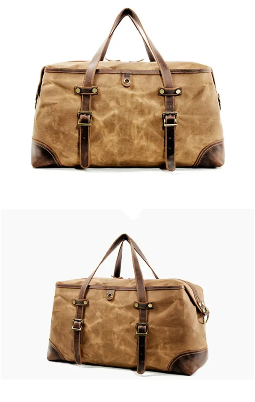 JMT-336074 Waterproof Waxed Canvas Duffle Bag with Leather Accents for Men - 52cm x 22cm x 30cm