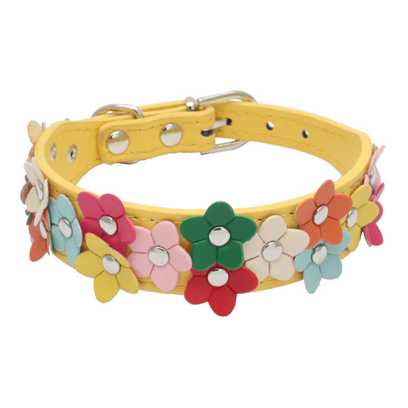 JMT-338634 Double Row Flower Pet Collar - Durable PU Floral Design with Zinc Alloy Accessories, Sizes S and M