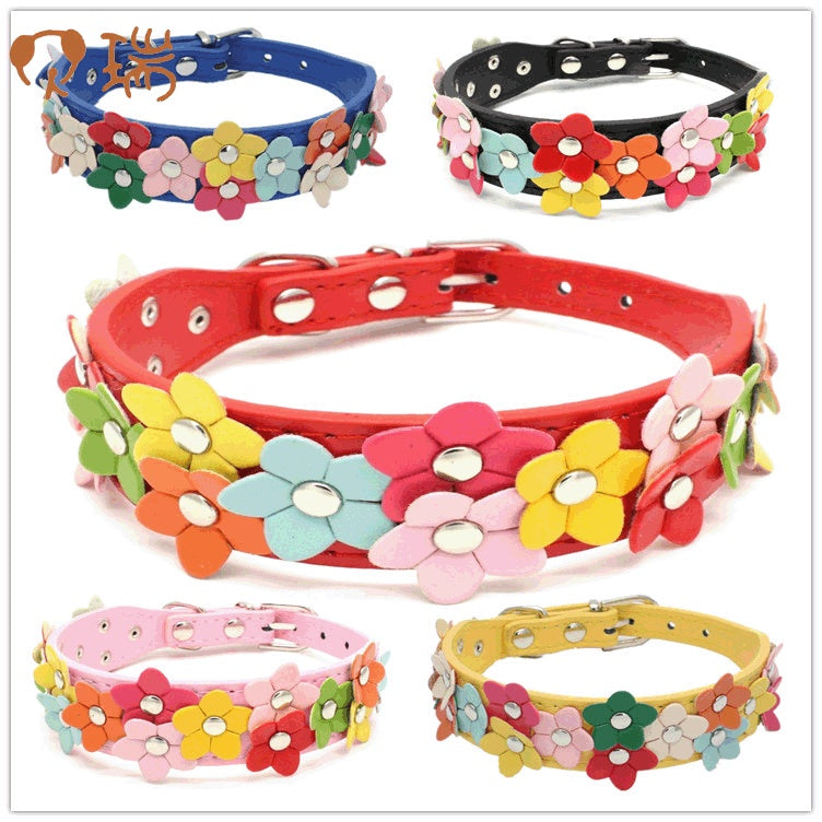 JMT-338634 Double Row Flower Pet Collar - Durable PU Floral Design with Zinc Alloy Accessories, Sizes S and M