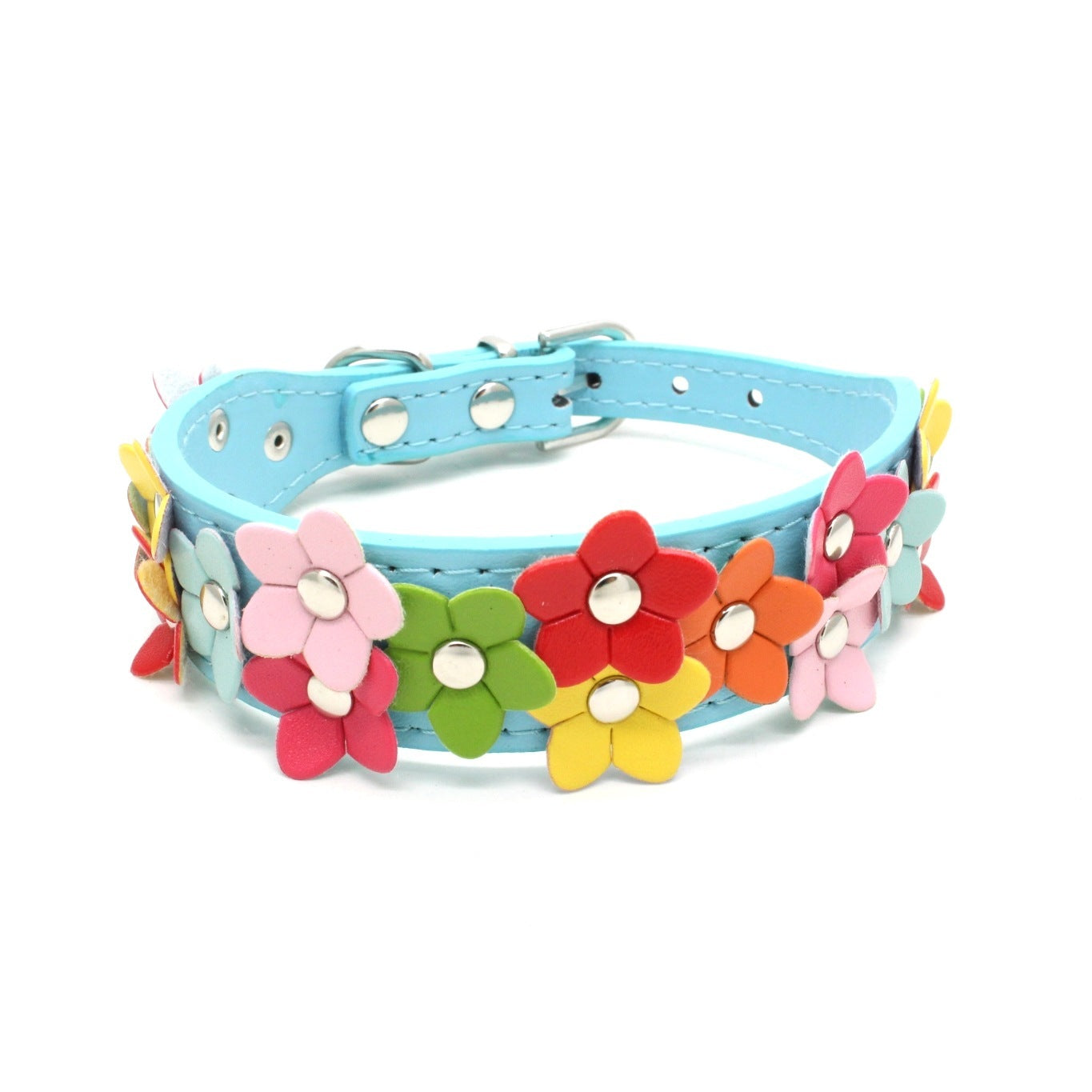 JMT-338634 Double Row Flower Pet Collar - Durable PU Floral Design with Zinc Alloy Accessories, Sizes S and M