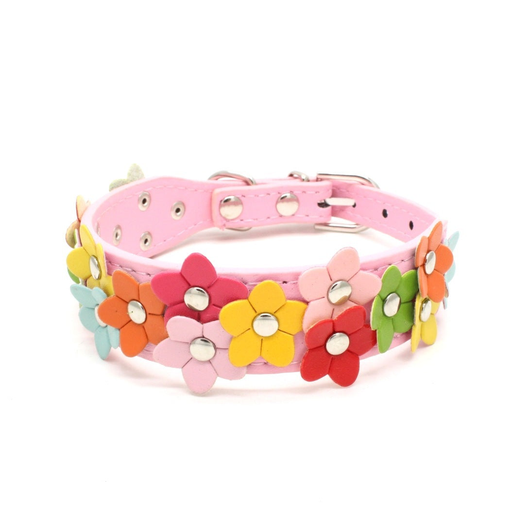 JMT-338634 Double Row Flower Pet Collar - Durable PU Floral Design with Zinc Alloy Accessories, Sizes S and M