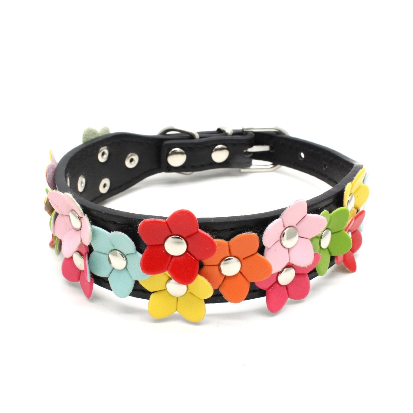 JMT-338634 Double Row Flower Pet Collar - Durable PU Floral Design with Zinc Alloy Accessories, Sizes S and M