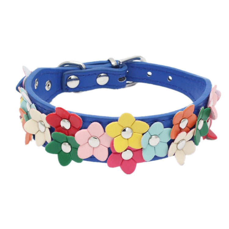 JMT-338634 Double Row Flower Pet Collar - Durable PU Floral Design with Zinc Alloy Accessories, Sizes S and M
