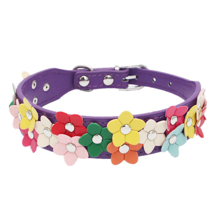 JMT-338634 Double Row Flower Pet Collar - Durable PU Floral Design with Zinc Alloy Accessories, Sizes S and M