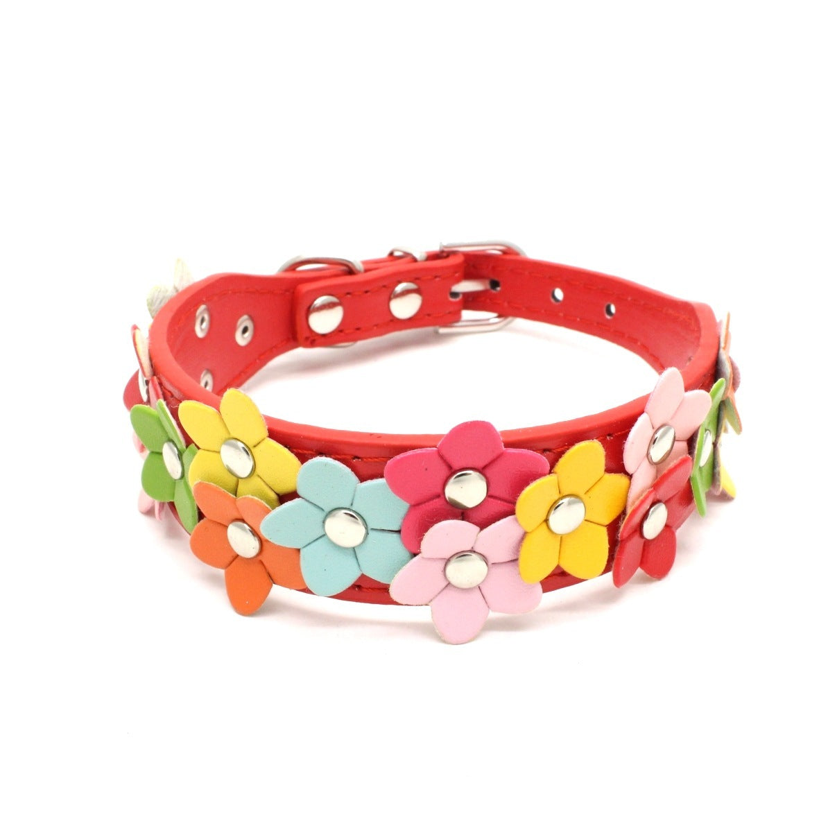 JMT-338634 Double Row Flower Pet Collar - Durable PU Floral Design with Zinc Alloy Accessories, Sizes S and M