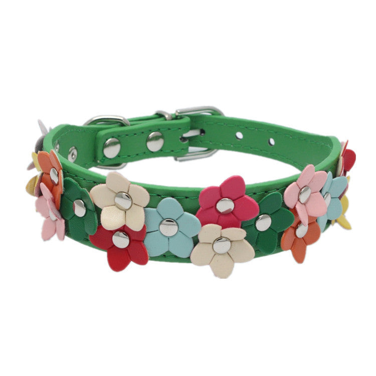 JMT-338634 Double Row Flower Pet Collar - Durable PU Floral Design with Zinc Alloy Accessories, Sizes S and M