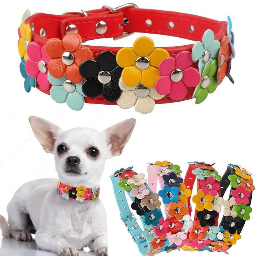 JMT-338634 Double Row Flower Pet Collar - Durable PU Floral Design with Zinc Alloy Accessories, Sizes S and M