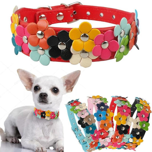 JMT-338634 Double Row Flower Pet Collar - Durable PU Floral Design with Zinc Alloy Accessories, Sizes S and M