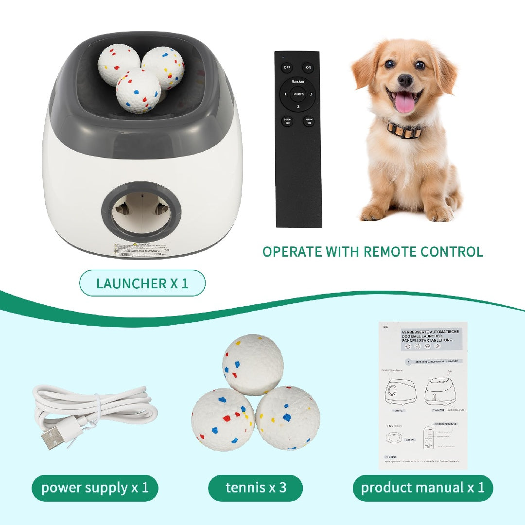 JMT-340426 Automatic Dog Ball Launcher with Three Distance Settings, Indoor-Outdoor Fetch Toy, Includes Ball and Data Cable, Grey-Green