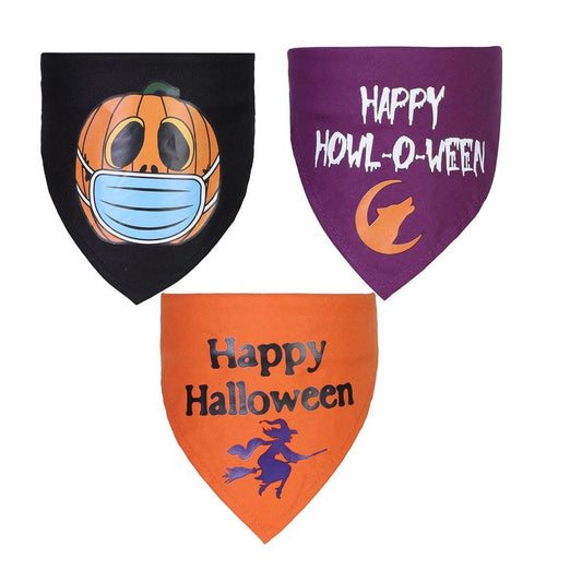 JMT-340746 Halloween Triangle Scarf for Dogs and Cats - Purple and Orange Patterns, Cotton Material, Fits Neck Sizes 22-50CM